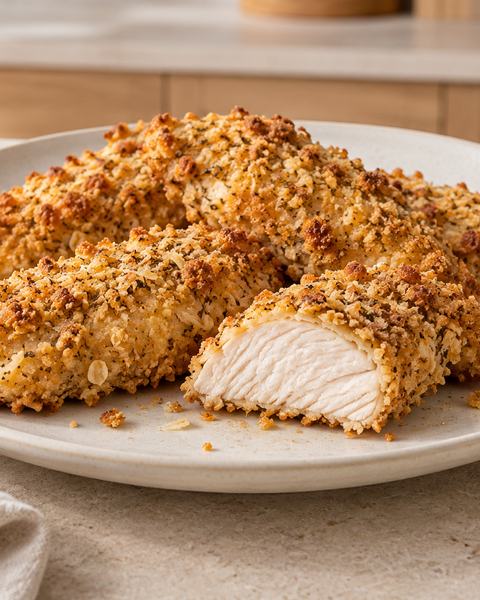 Crispy Parmesan chicken tenders, one cut open.