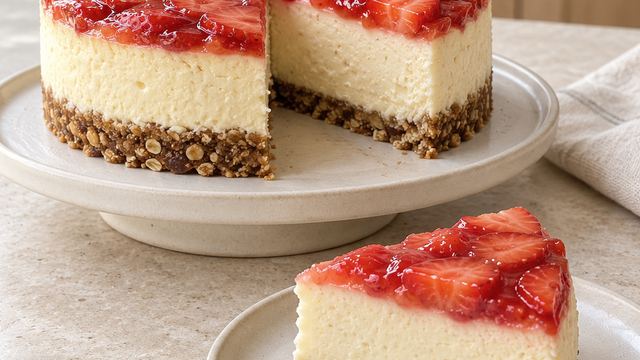 Strawberry cheesecake on a stand with a slice on a plate.