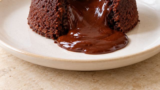 A chocolate lava cake with a soft chocolate center.