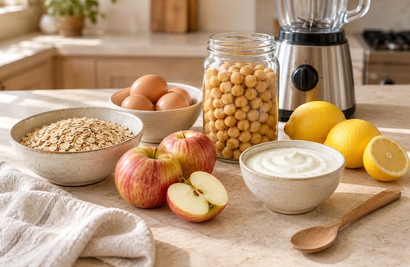 Oats, eggs, chickpeas, yogurt, apples and lemons on a kitchen counter next to a blender.