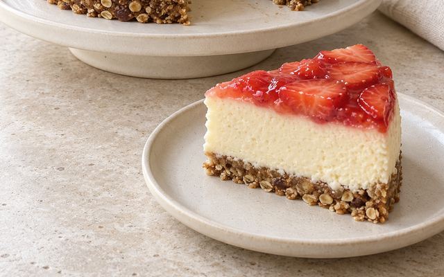 A slice of strawberry cheesecake on a small plate.